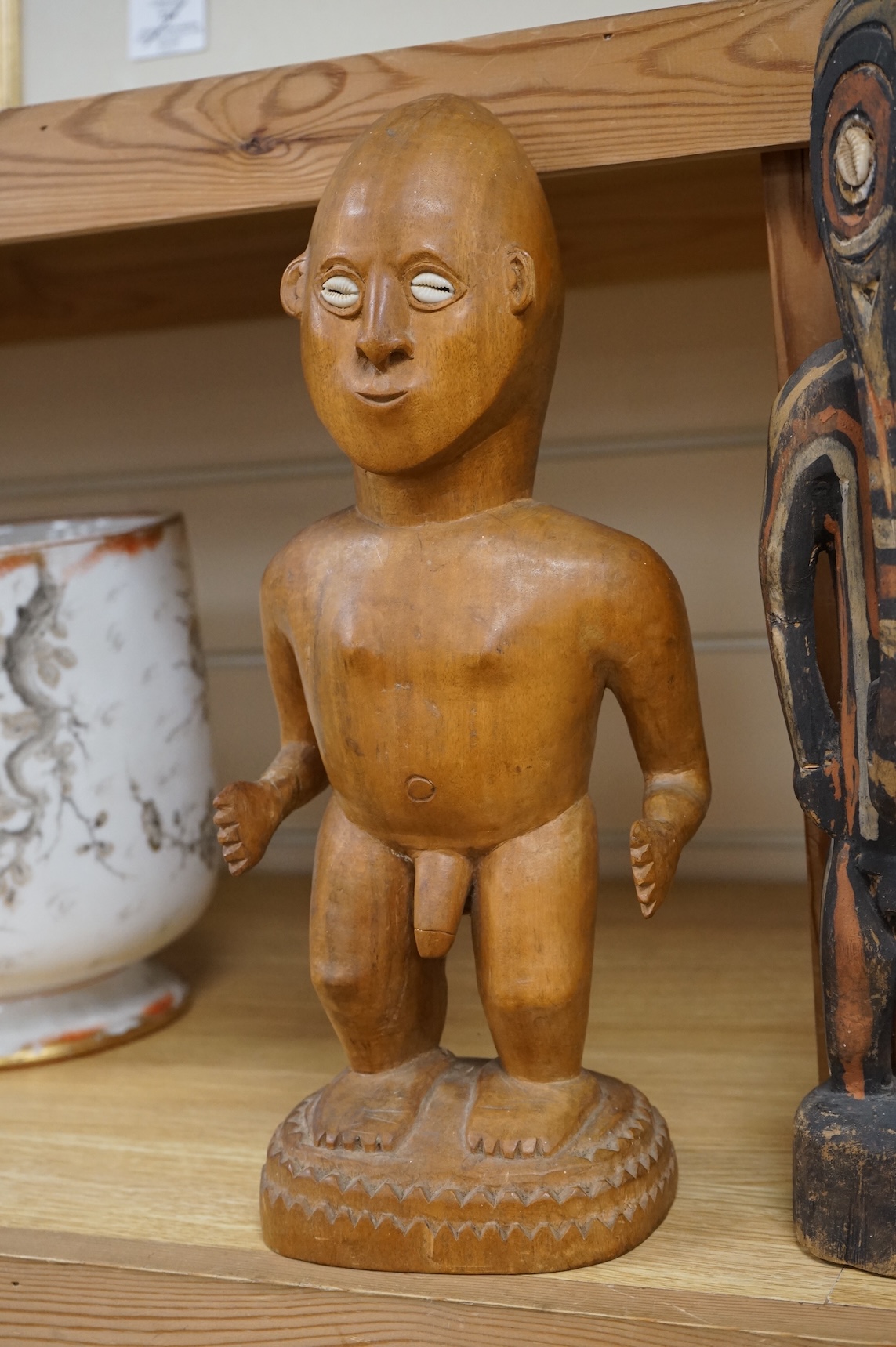 Three wood tribal figures, Africa, South Seas, tallest 37.5cm